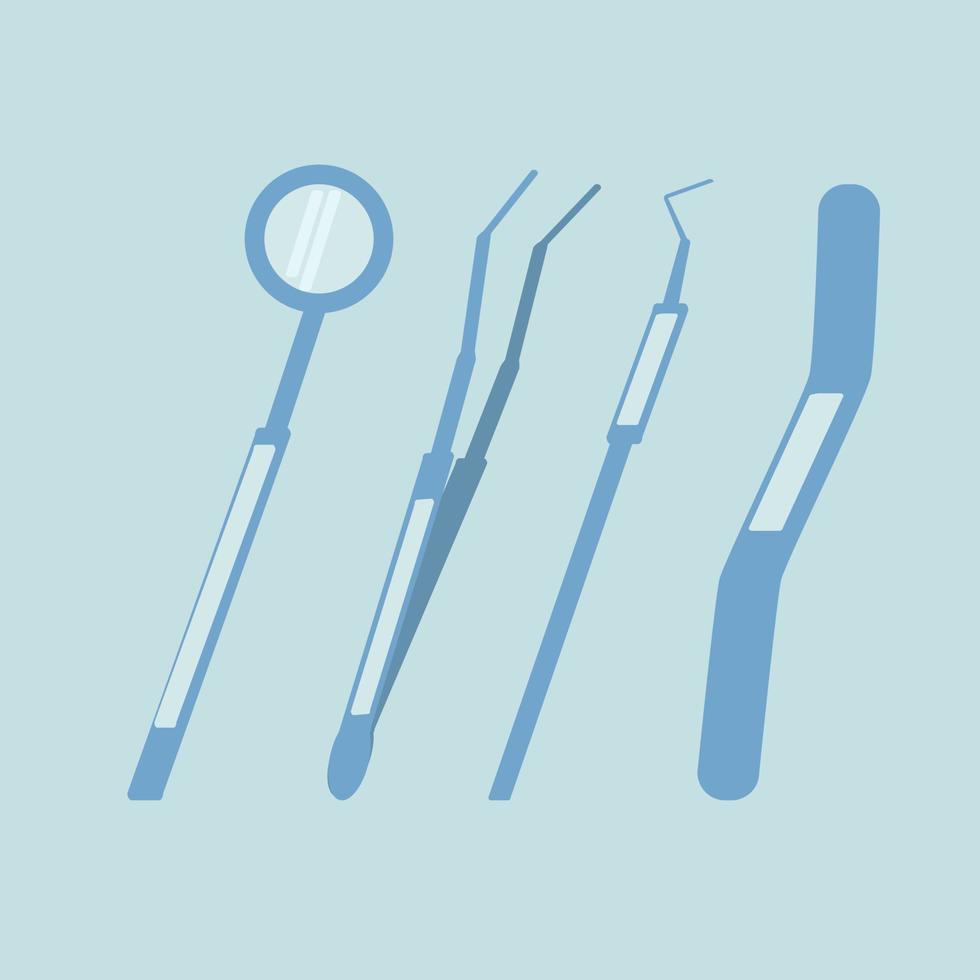 instrumentos de exame odontológico, espátula dentária, espelho, fórceps, sonda odontológica, ilustração médica em estilo simples, arte vetorial vetor