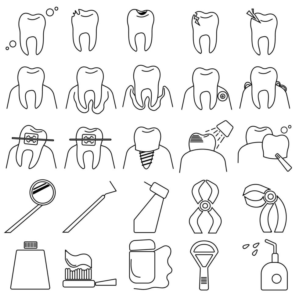 odontologia esboço conjunto de ícones, imagem simbólica dos dentes, suas doenças e procedimentos para o tratamento e cuidado dos dentes e da cavidade oral vetor