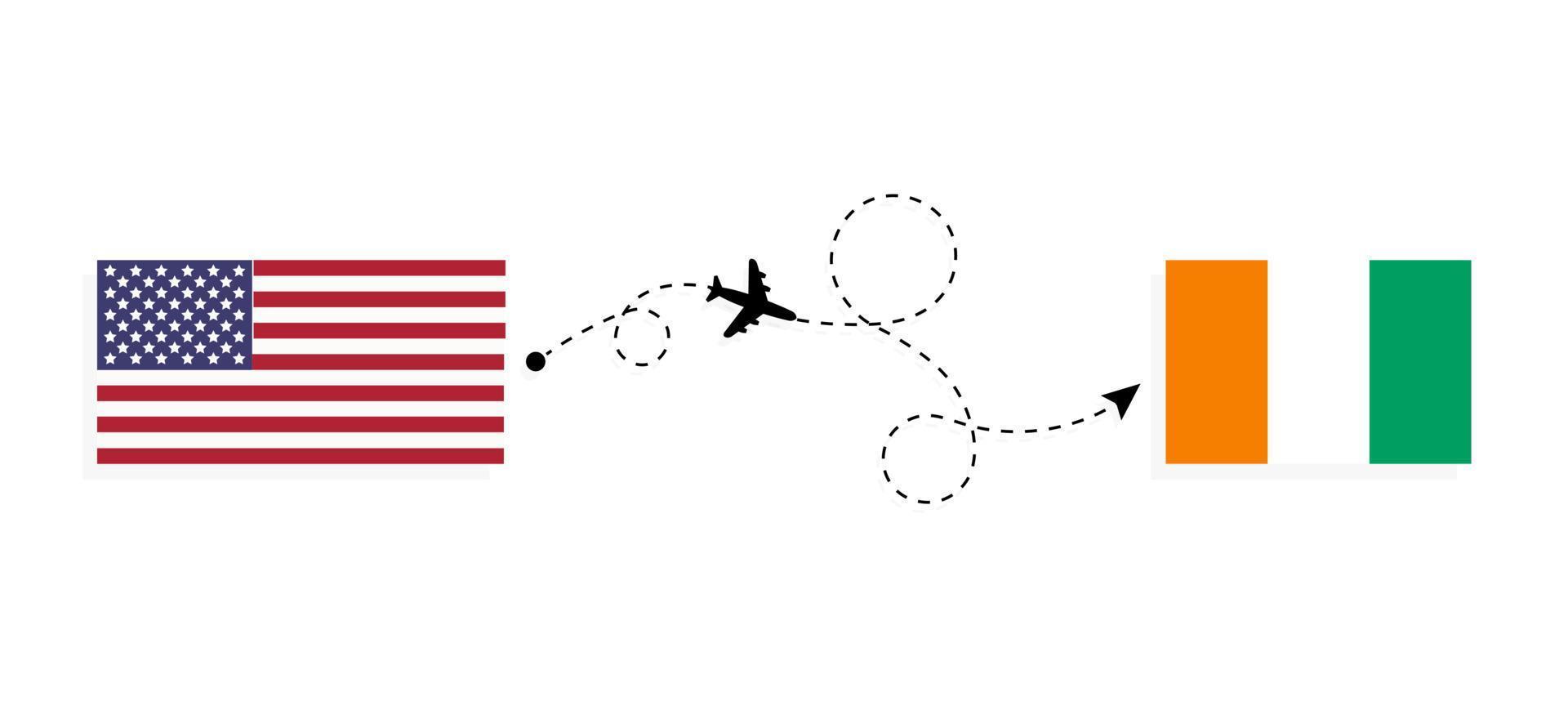 voo e viagem dos EUA para a Costa do Marfim pelo conceito de viagem de avião de passageiros vetor