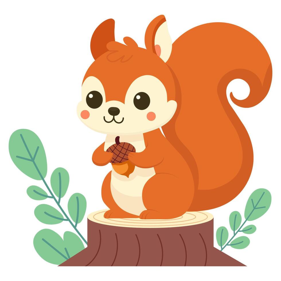 fofa esquilo segurando a bolota enquanto sentado em uma toco. vetor desenho animado ilustração