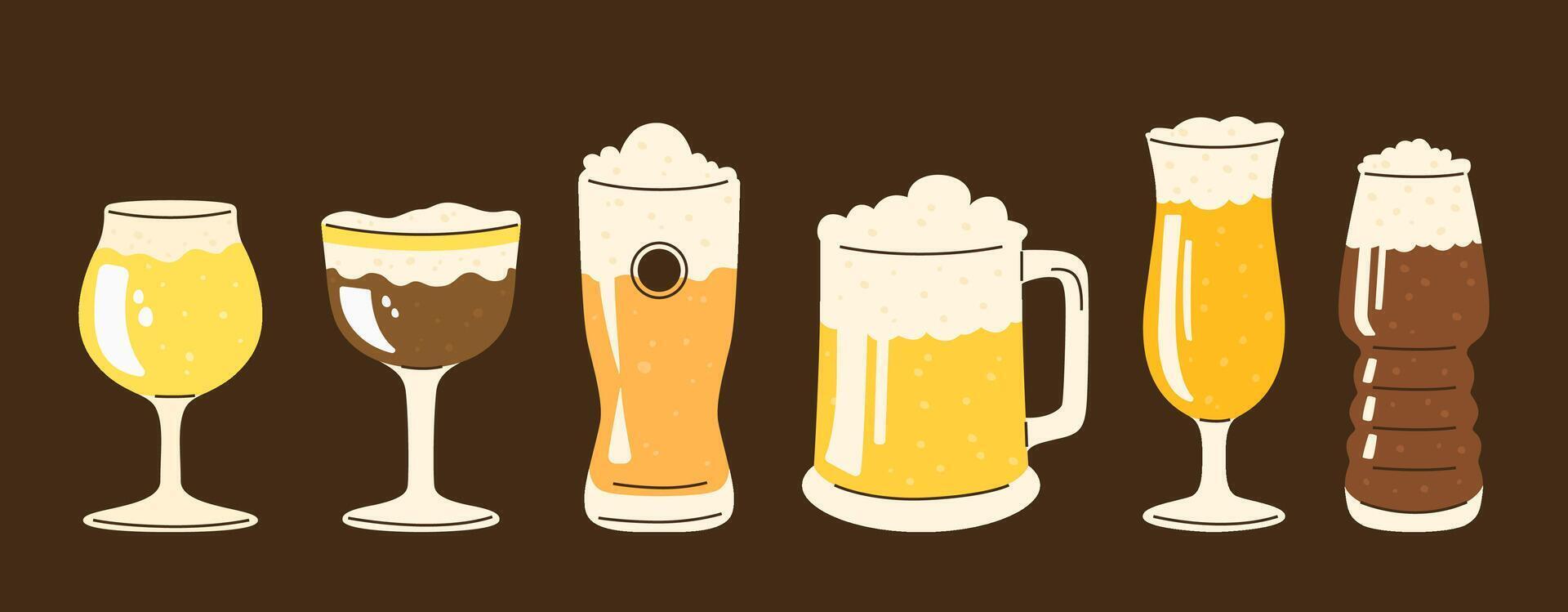 uma conjunto do óculos do vários formas preenchidas com diferente tipos do cerveja. vetor