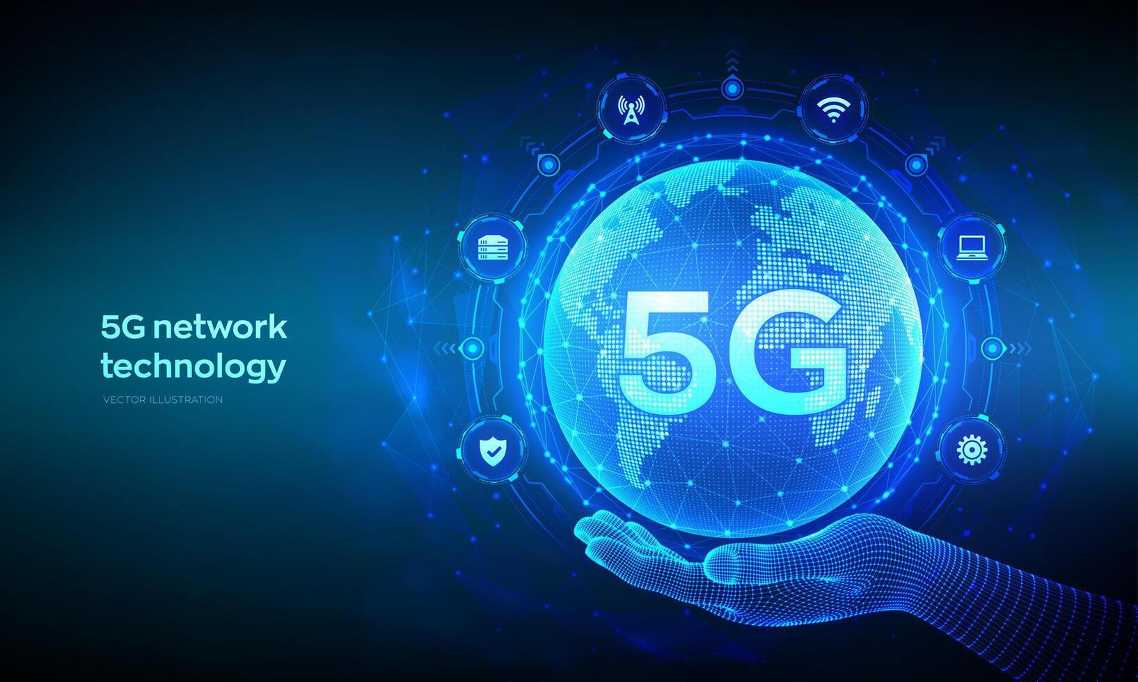 5g rede sem fio sistemas e Internet do coisas tecnologia conceito. inteligente cidade comunicação rede. 5g sem fio Móvel Internet Wi-fi conexão. terra planeta globo dentro mão. vetor ilustração.