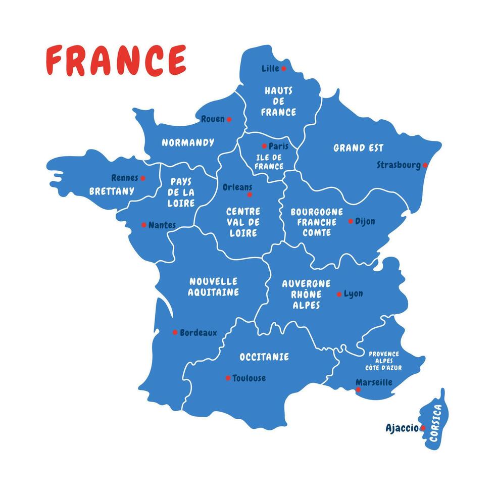 político mapa do França com francês regiões. mão desenhado vetor ilustração