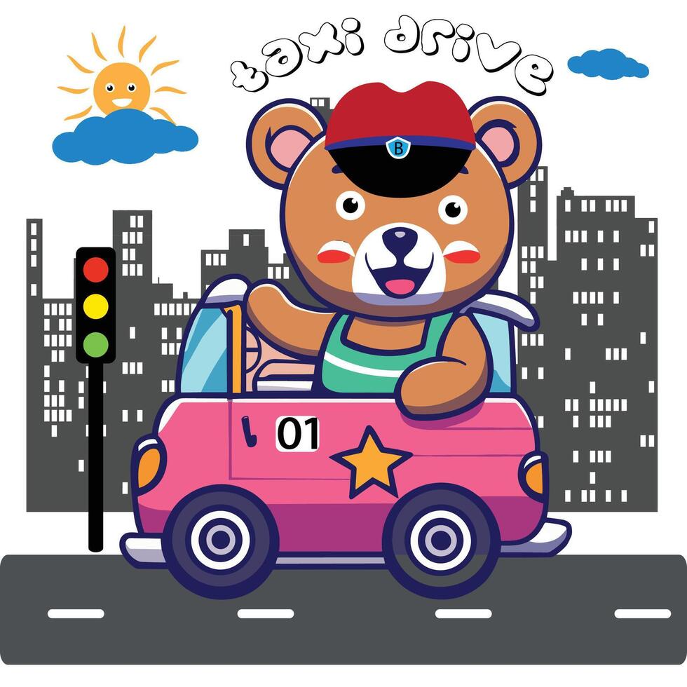 fofa desenho animado Urso com Como Táxi dirigir, para impressão ilustração vetor arte.