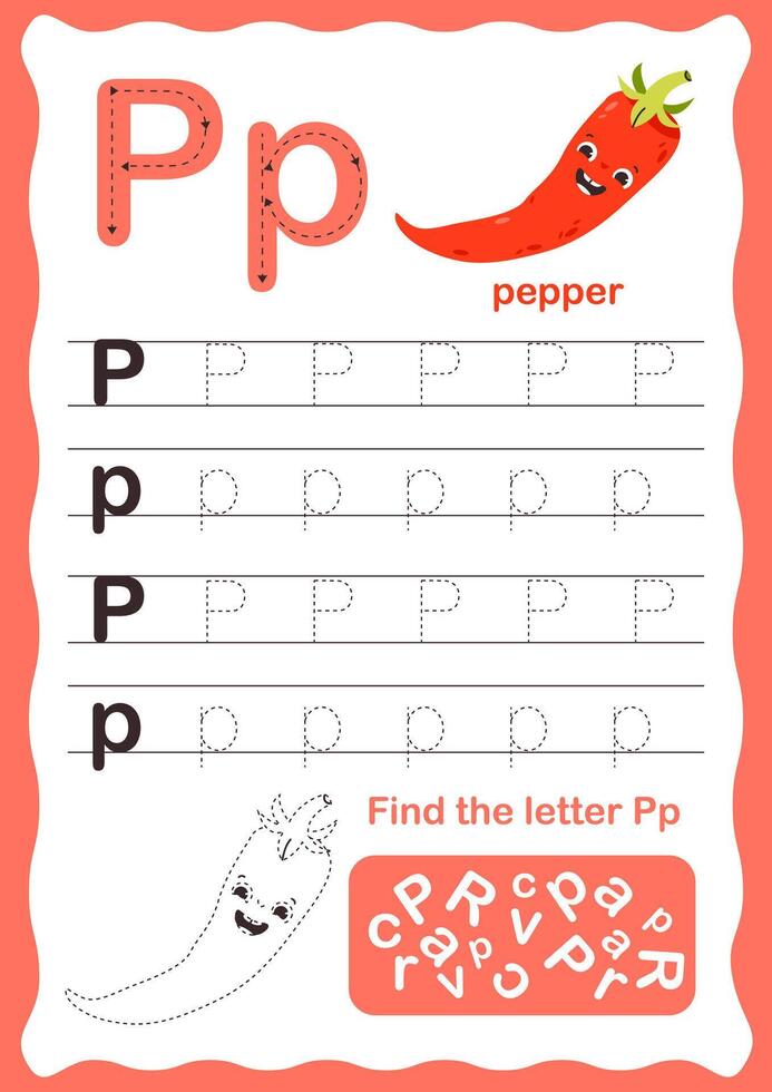 rastreamento cartas alfabeto. maiúscula e minúsculas carta p inglês alfabeto. caligrafia exercício para crianças. vetor ilustração