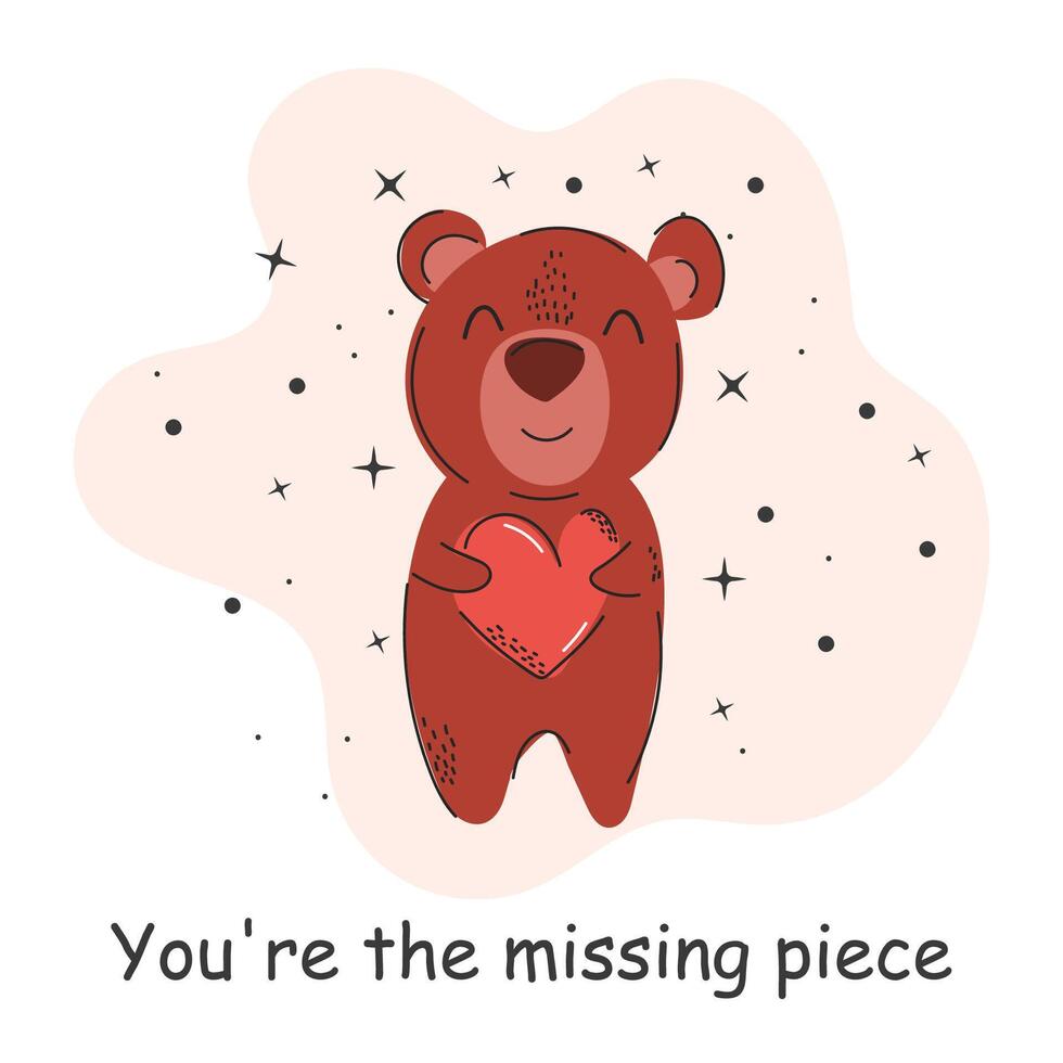 cartão postal com a inscrição sobre amar. Urso de pelúcia urso. dia dos namorados dia. vetor ilustração com elementos em uma branco fundo.