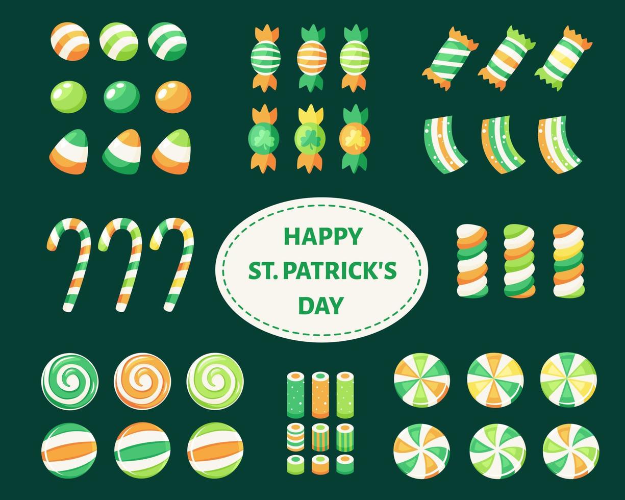 feliz st. dia de patrick. grande conjunto de st. doces e balas do dia de patrick. vetor