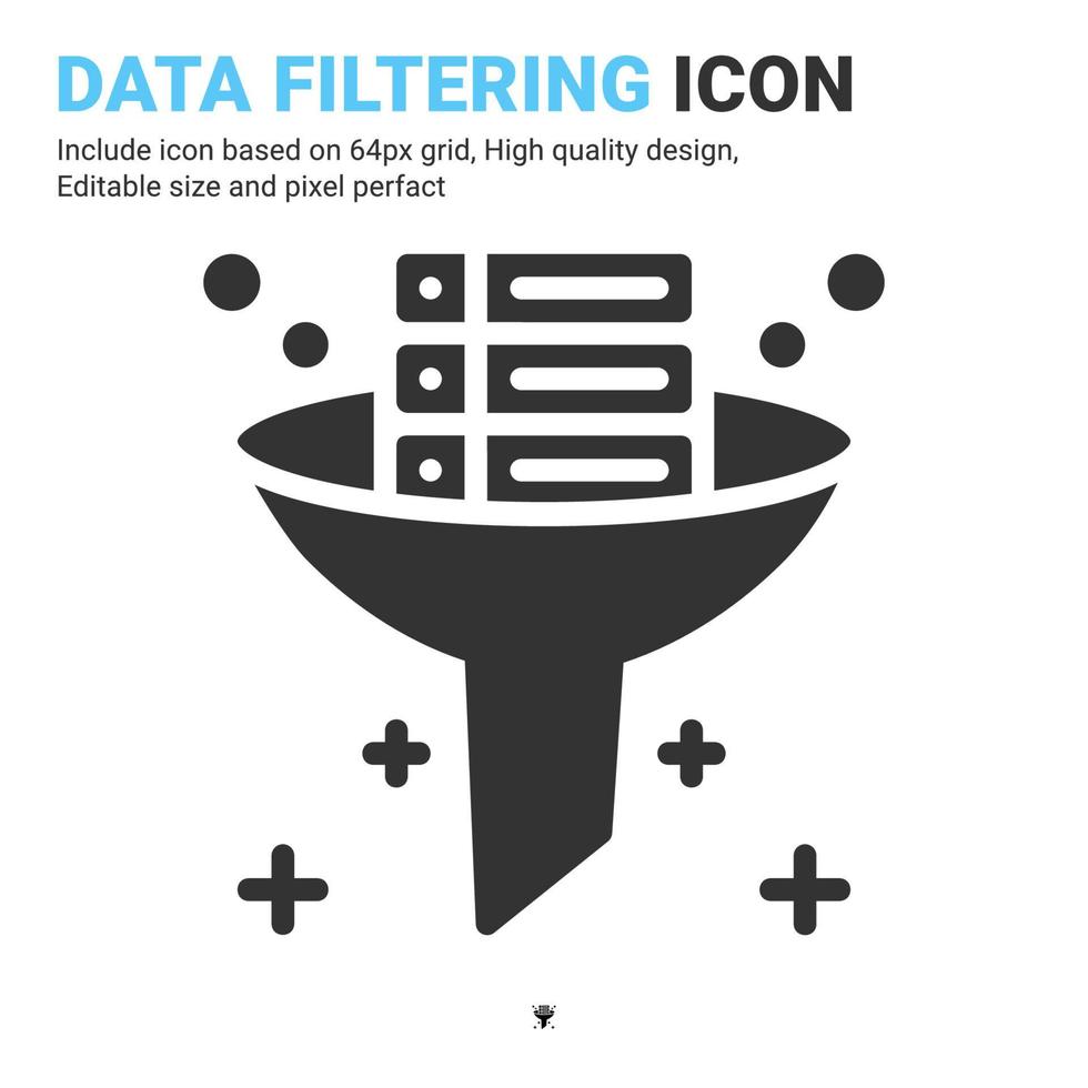 vetor de ícone de filtragem de dados com estilo de glifo isolado no fundo branco. ilustração vetorial conceito de ícone de símbolo de sinal de banco de dados para digital it, logotipo, indústria, tecnologia, aplicativos, web e todos os projetos