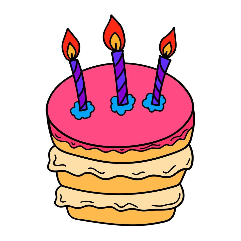 doodle bolo de aniversário com velas isoladas no fundo branco. vetor