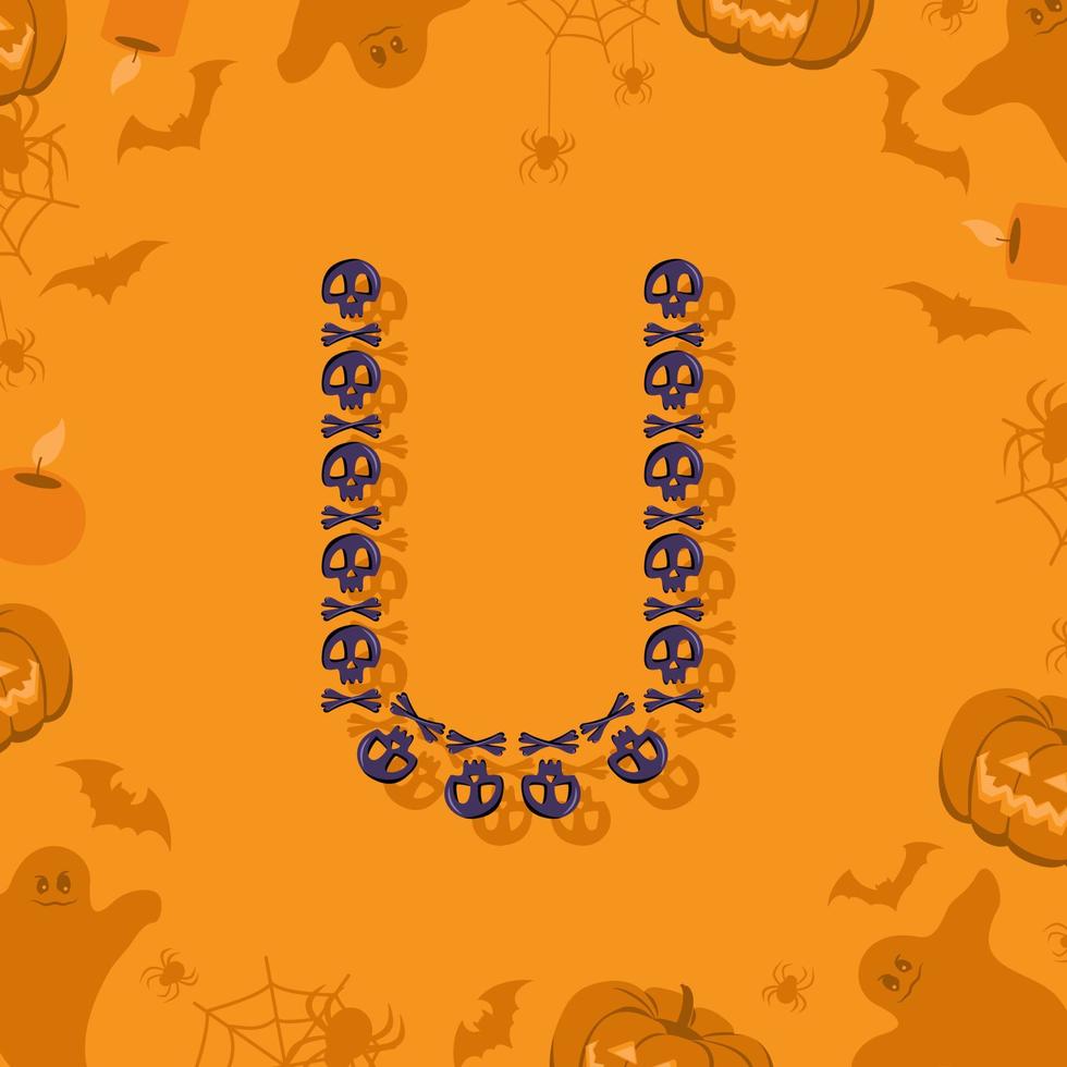 halloween letra u de caveiras e ossos cruzados para o projeto. fonte festiva para feriado e festa em fundo laranja com abóboras, aranhas, morcegos e fantasmas vetor