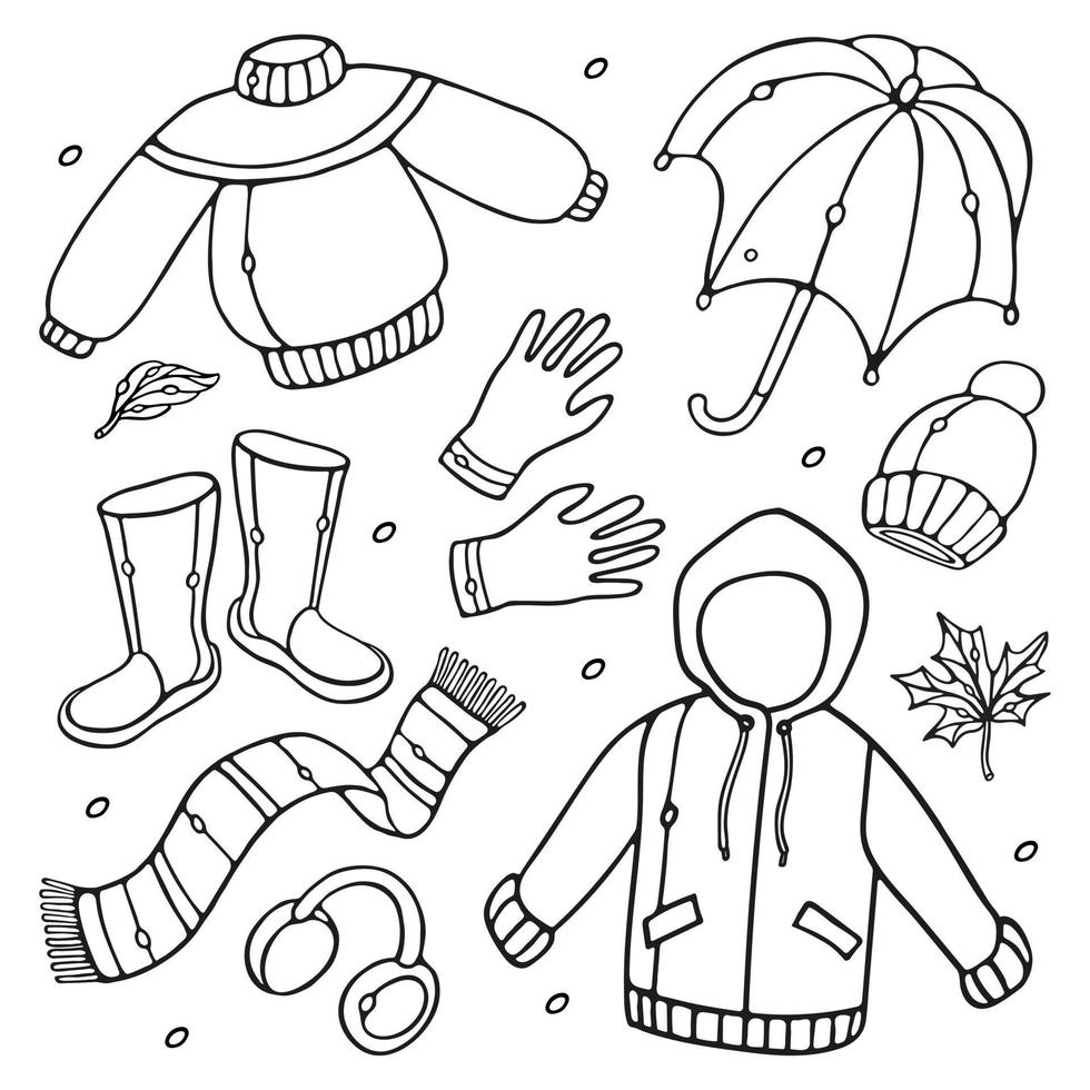 conjunto de vetor de contorno de roupas de outono. capa de chuva, botas de borracha, guarda-chuva aberto, lenço, chapéu, fones de ouvido, luvas, folhas. conjunto de estação chuvosa. rabisco isolado no fundo branco para livro de colorir