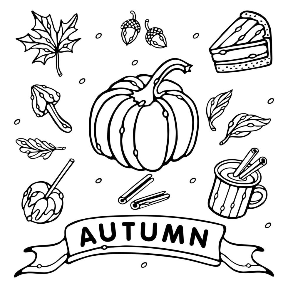 coleção de vetores de outono. delinear um conjunto de objetos de vetor de outono. abóbora, folhas, caneca, canela, pedaço de torta, bolota, cogumelo, maçã com caramelo. estilo doodle isolado no fundo branco