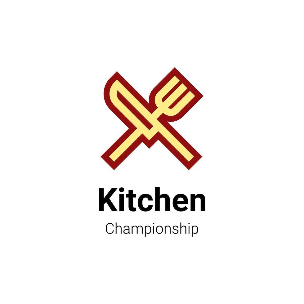 cozinha campeonato logotipo conceito com garfo e faca dentro amarelo vetor
