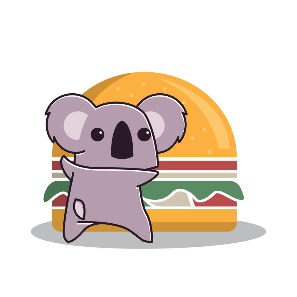adorável coala comendo comida grande hambúrguer animal personagem de desenho animado vetor