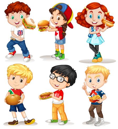 Meninos e meninas com fastfood vetor