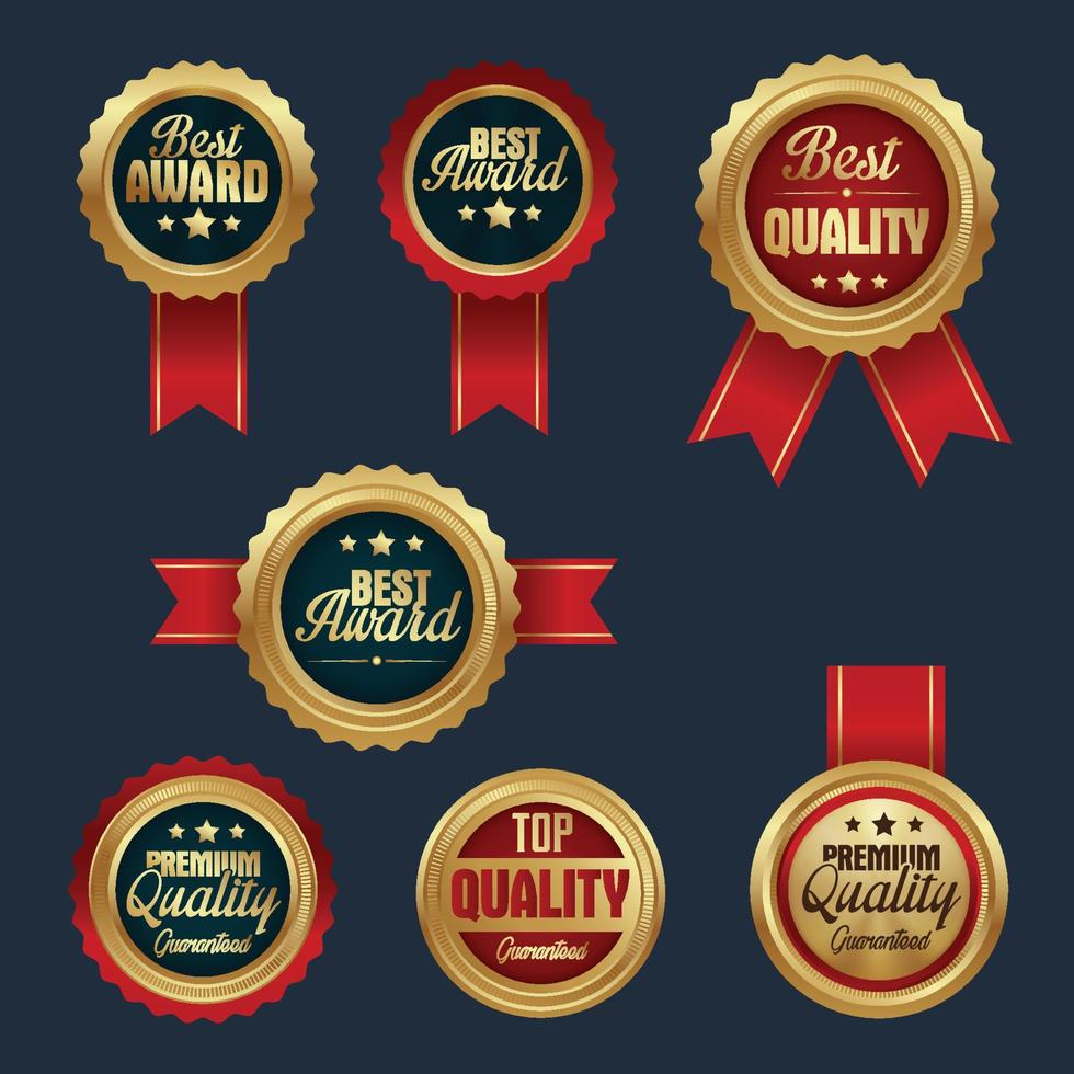 emblemas de etiqueta de qualidade dourada com vetor de fita vermelha