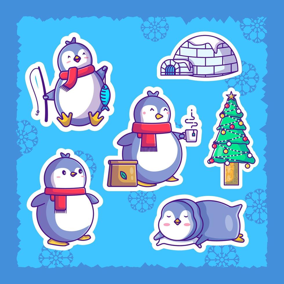 Ilustração do pacote de adesivos de pinguins fofos de natal vetor