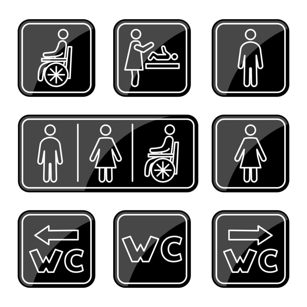 ícones de banheiro. homem, mulher, símbolo de cadeirante e troca de bebê. sinal de toalete masculino, feminino, deficiente. ícones de linha wc. curso editável vetor