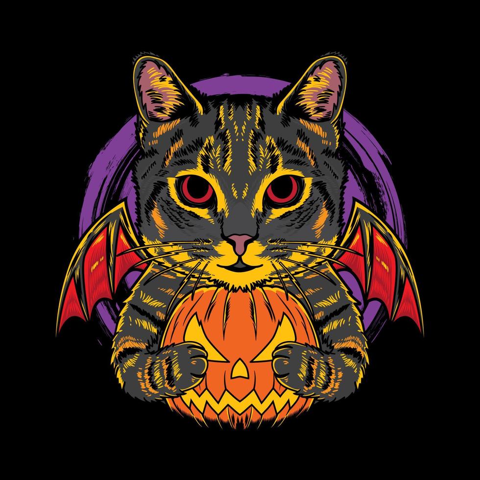 Halloween desenho animado abóbora gato logotipo vintage ícone de vetor ilustração desenhada à mão