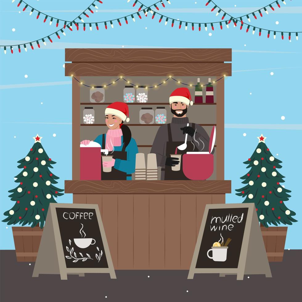 barracas de natal. mulher e homem vendendo café e vinho quente na ilustração kiosk.vector. vetor