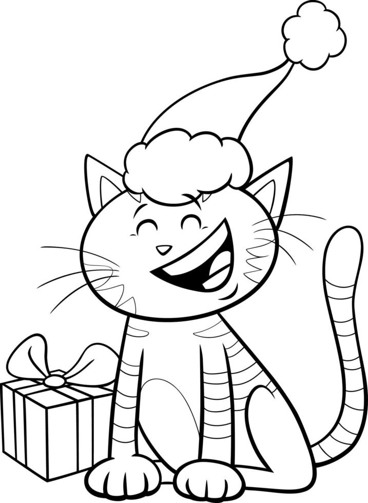 gato dos desenhos animados com presente na página do livro para colorir na época do Natal vetor