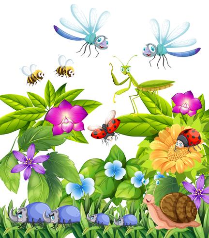 Muitos insetos voando no jardim vetor