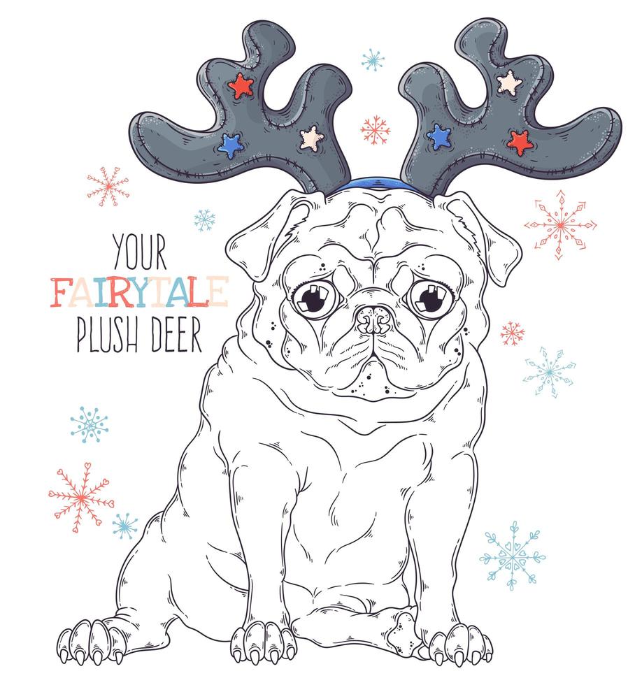 mão desenhado retrato de vetor de cachorro pug de Natal.
