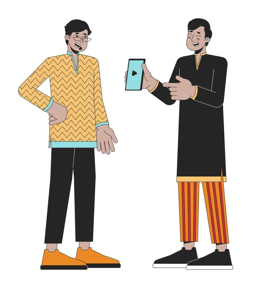 diwali festival conectados linha desenho animado plano ilustração. indiano homem mostrando Smartphone 2d lineart personagens isolado em branco fundo. conectados compras durante deepawali festa cena vetor cor imagem