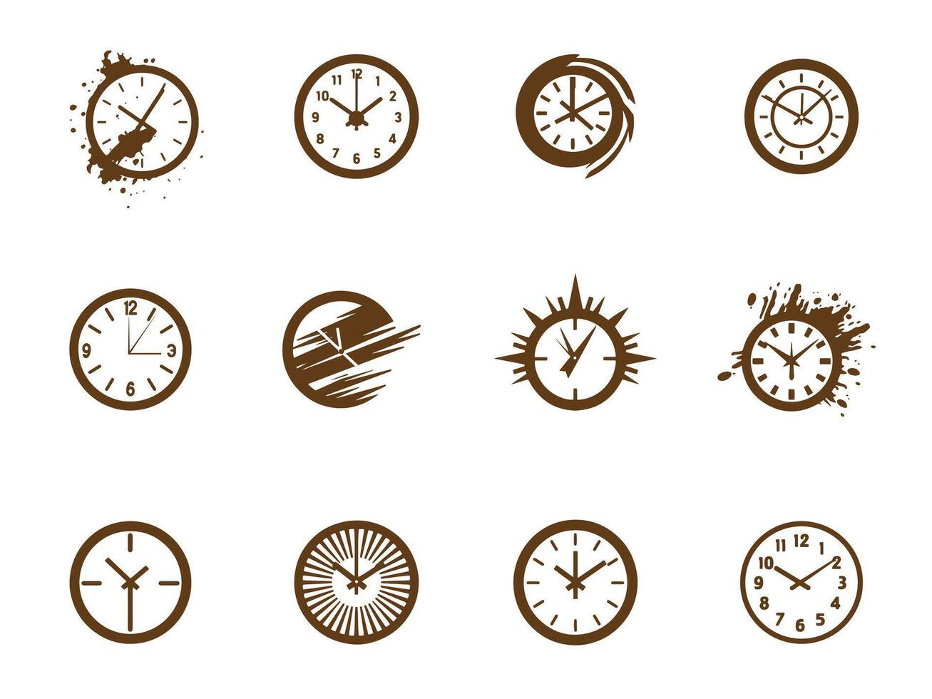 relógios e relógios logotipos conjunto ícones vetores silhuetas em branco fundo