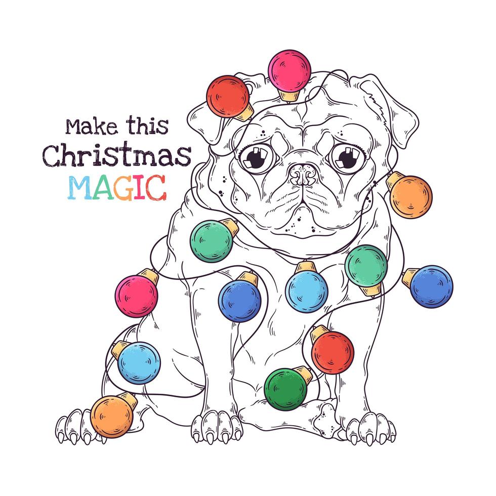 mão desenhado retrato de vetor de cachorro pug de Natal.