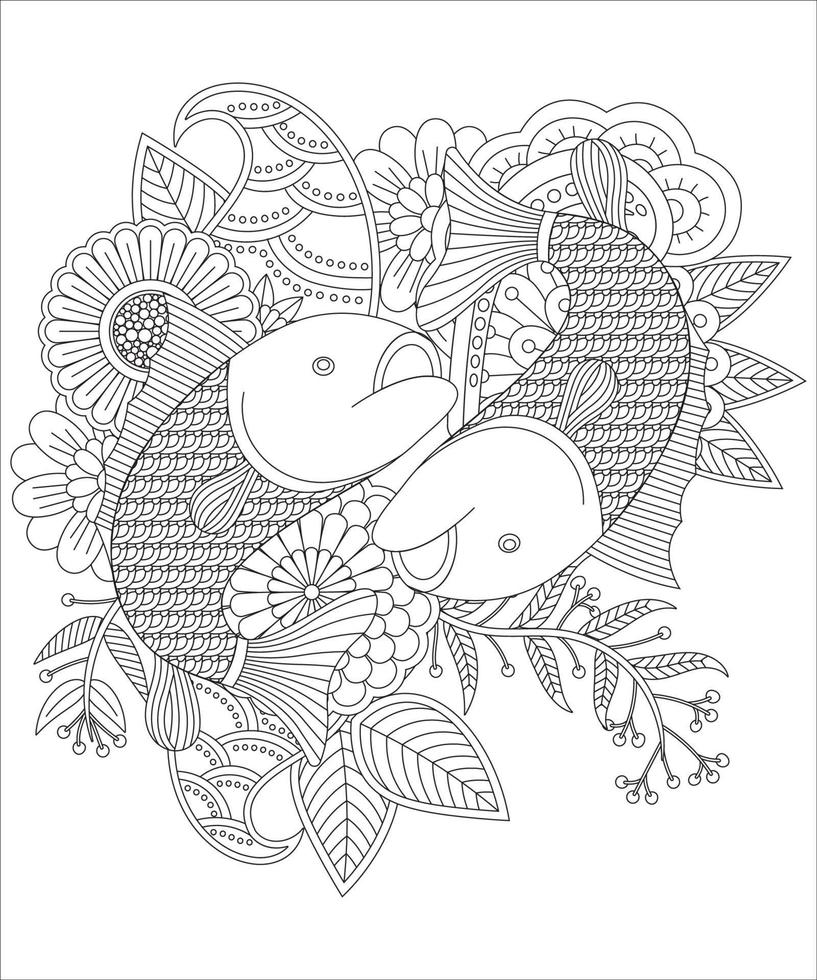página para colorir mandala de peixe com flor. incrível página para colorir de adulto de peixe. vetor