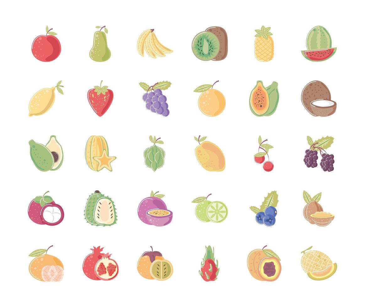 frutas comida fresca nutrição ícones maçã pera laranja abacaxi mandarina vetor