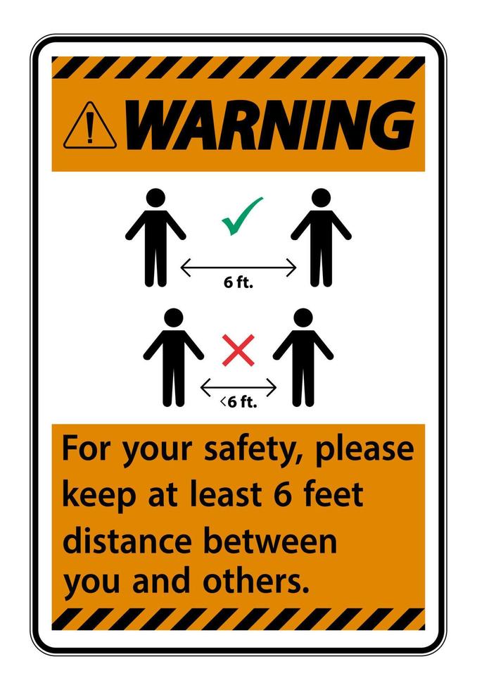 aviso mantenha 6 pés de distância, para sua segurança, por favor, mantenha pelo menos 6 pés de distância entre você e outras pessoas. vetor