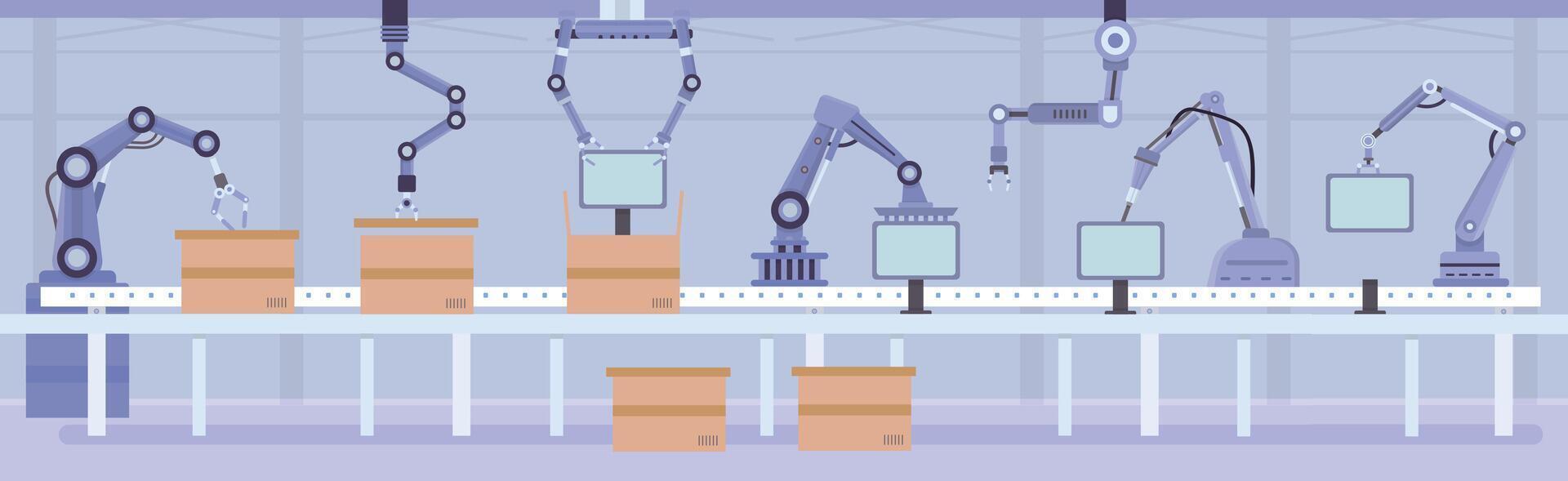 plano automatizado robô braços em fábrica montagem linha. fabricação transportador com produtos e caixas. indústria automação máquina vetor conceito