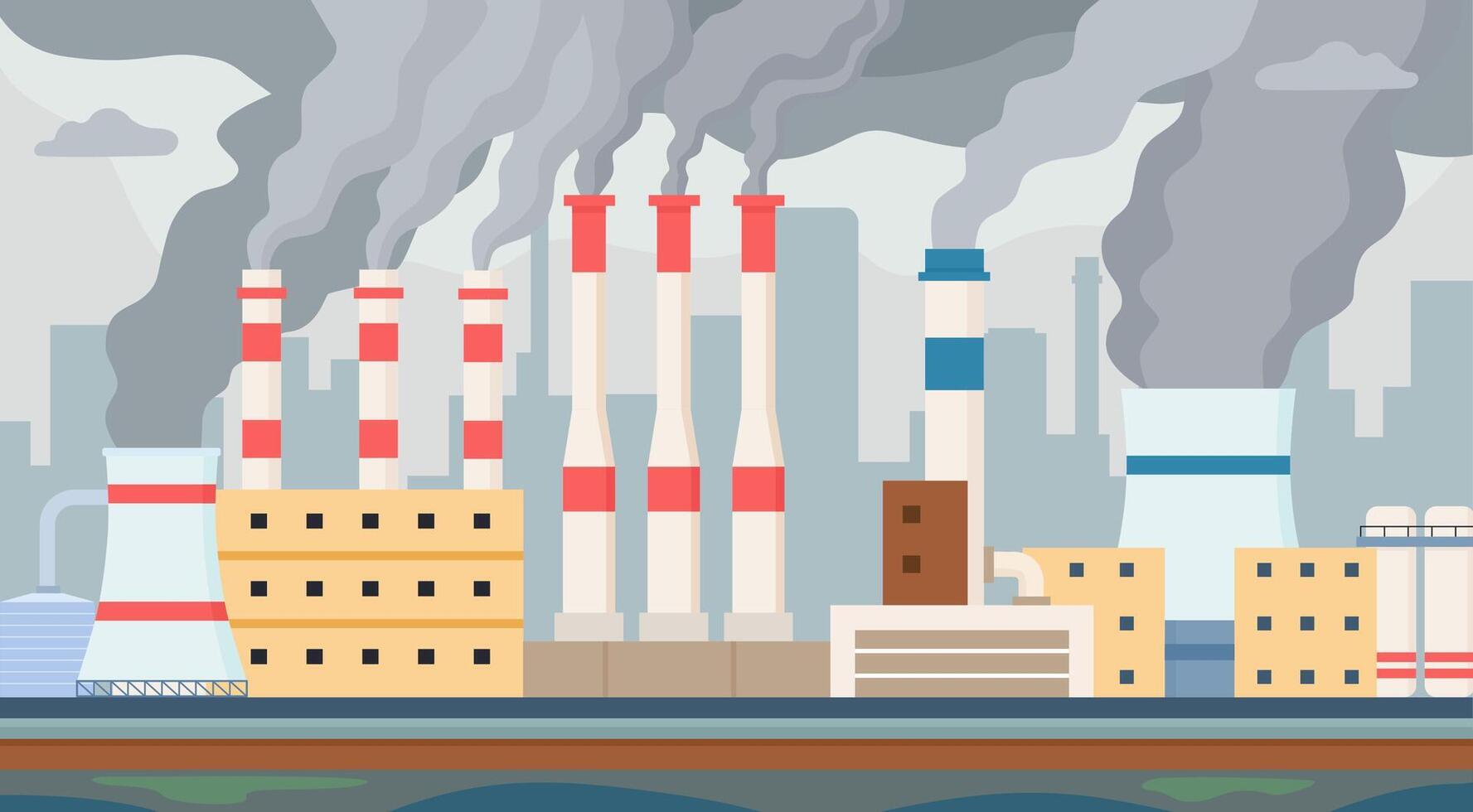 sujo fábrica. ar e água poluído de industrial poluição atmosférica. fábricas chaminé com tóxico fumaça poluir ambiente. poluição vetor conceito