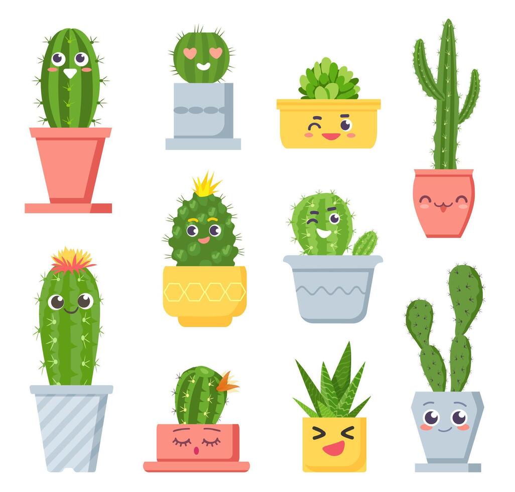 fofa cacto com rostos. desenho animado suculento Panela plantas personagens com emoji. sorridente tropical cactos com engraçado face dentro vasos de flores vetor conjunto