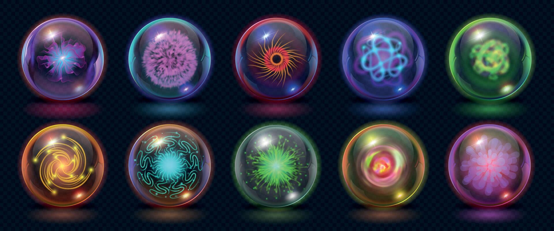 realista Magia energia bolas com fogo, luzes e relâmpago efeitos. brilhando poder esfera com plazma explodido. fantasia cristal esfera vetor conjunto