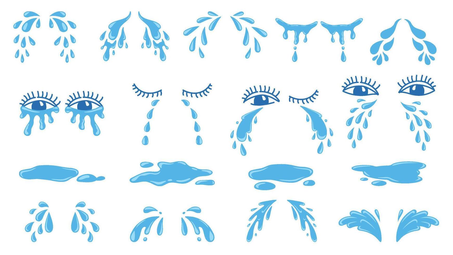 desenho animado poças, lágrimas, gotas ou suor, chorando olhos. água gotas. dor, chorar, desespero ou triste emoção expressão. quadrinho lágrima vetor conjunto