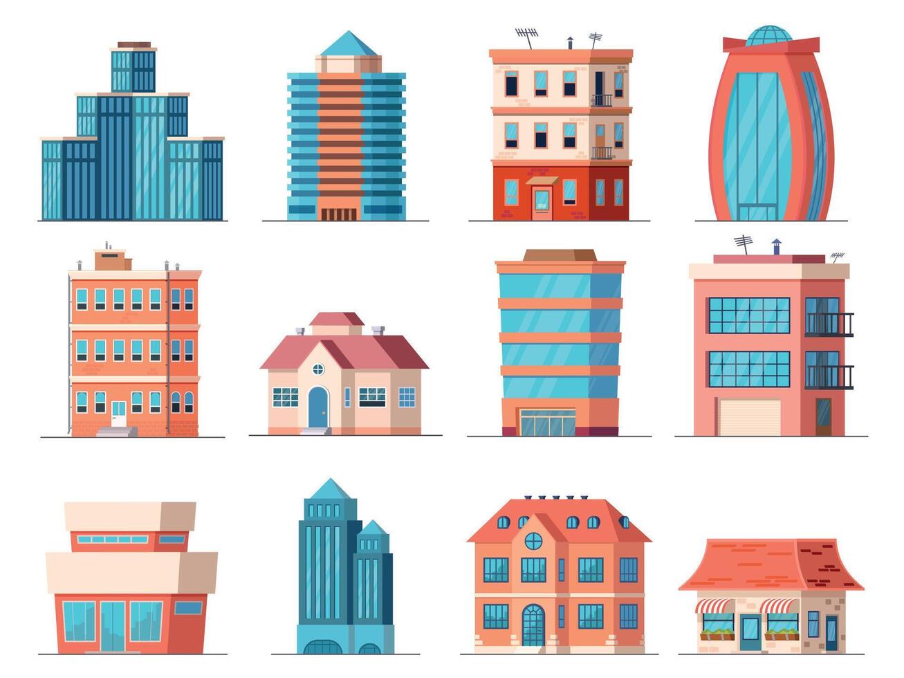 desenho animado escritório cidade edifícios, arranha-céu e centro da cidade apartamento casa. real Estado, o negócio torre, fazer compras e cafeteria prédio. Cidade vetor conjunto