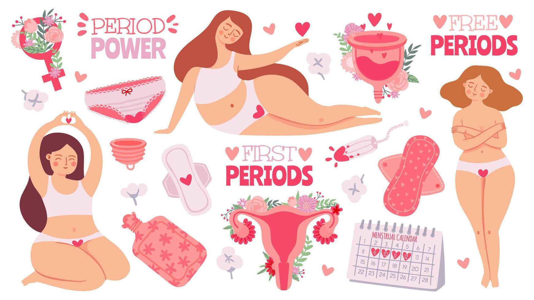 fêmea menstruação. mulheres com período e higiene produtos tampão, sanitário almofadas e menstrual copo. desenho animado útero com flores, vetor conjunto