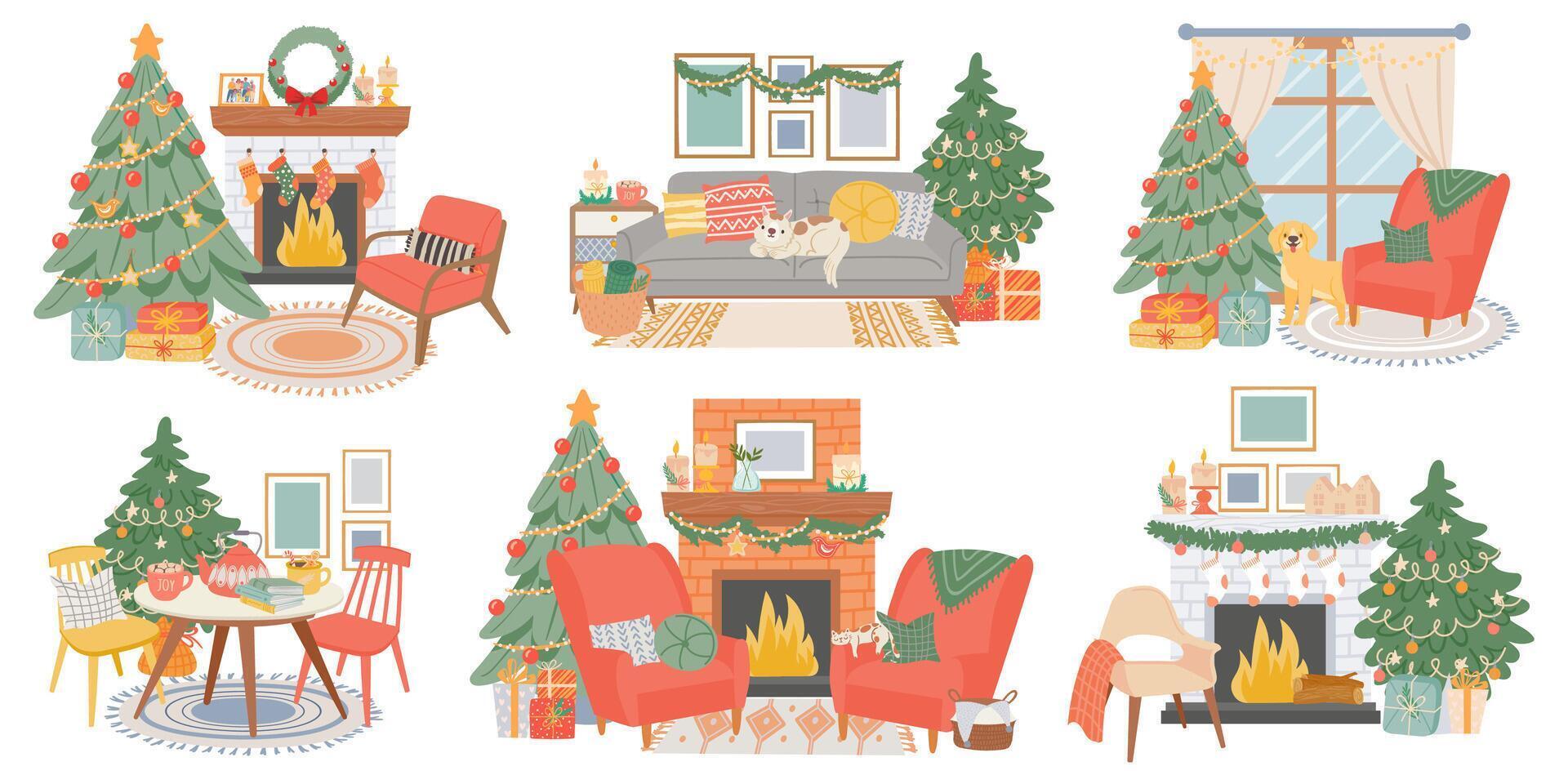 Natal interiores. Novo ano decorado quarto com pinho árvore, lareira, acolhedor cadeiras, gato e cachorro. casa inverno feriado atmosfera vetor conjunto