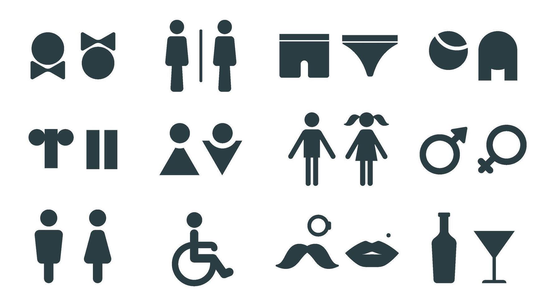 banheiro símbolos para homem e mulher, Desativado pessoa banheiro ícone. masculino e fêmea pictograma banheiro placa Projeto com lábios e bigodes vetor conjunto