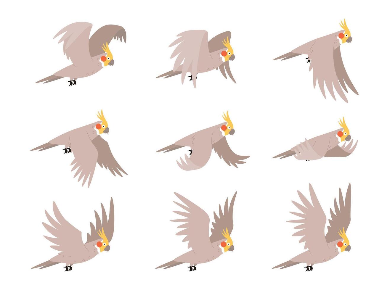 desenho animado cacatua papagaio mosca animação quadros seqüência. animado sprites ciclo do tropical pássaro vôo dentro céu. papagaio asa vetor movimento ciclo