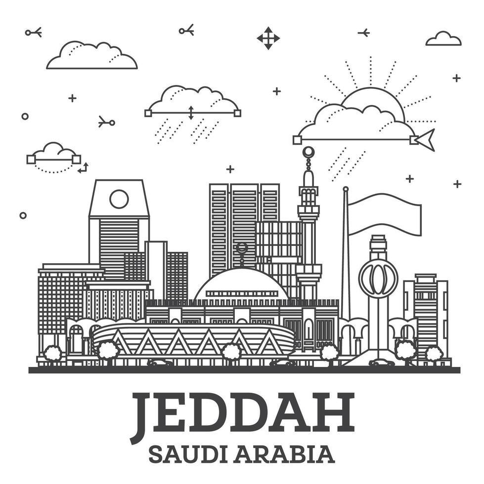 esboço Jeddah saudita arábia cidade Horizonte com moderno e histórico edifícios isolado em branco. Jeddah paisagem urbana com pontos de referência. vetor