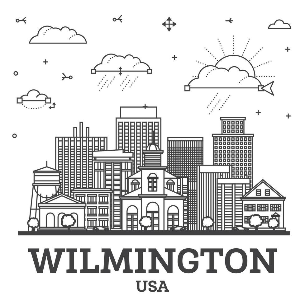 esboço Wilmington Delaware EUA cidade Horizonte com histórico edifícios isolado em branco. Wilmington paisagem urbana com pontos de referência. vetor