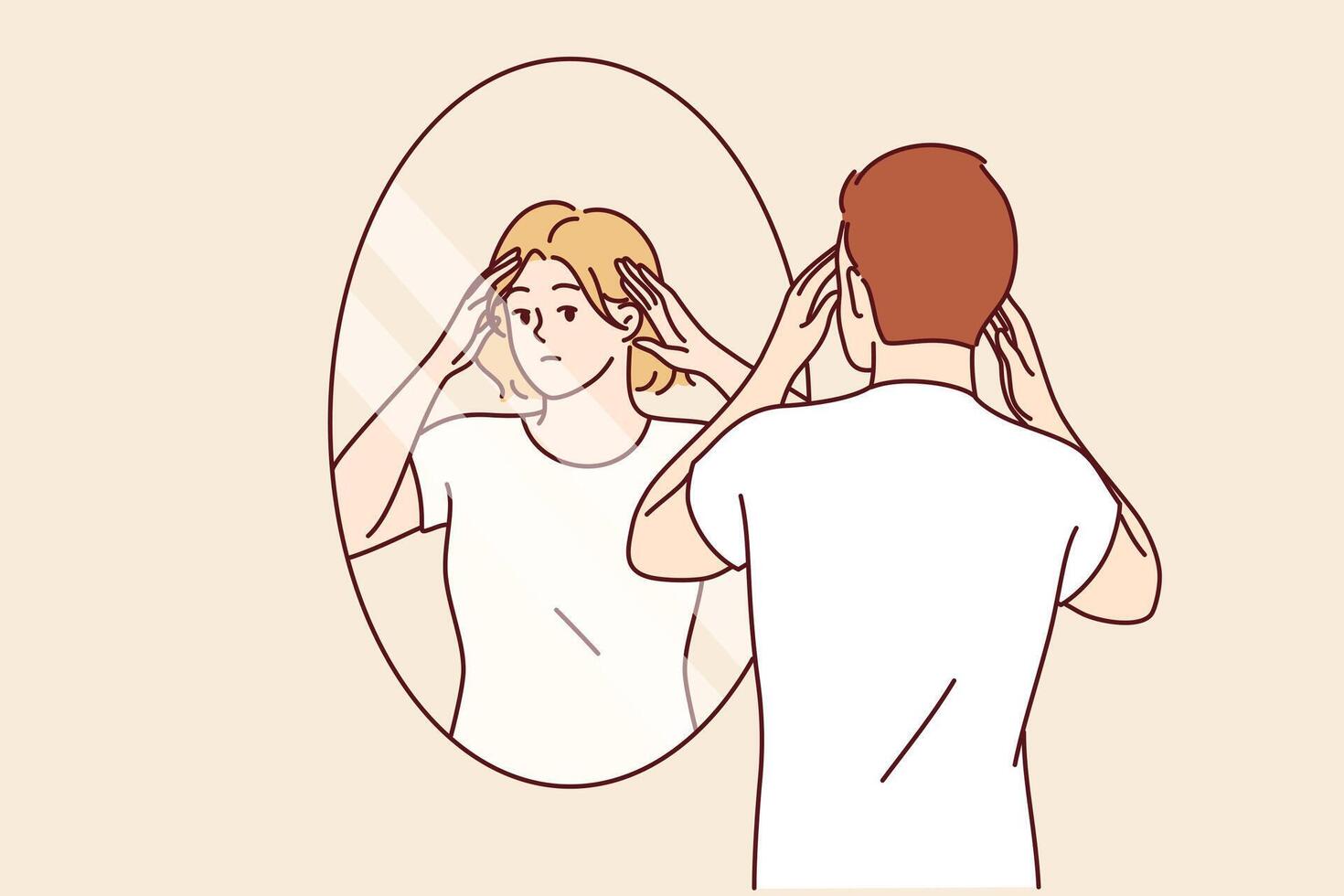 homem identifica ele mesmo Como mulher de olhando dentro espelho e vendo menina dentro reflexão vetor