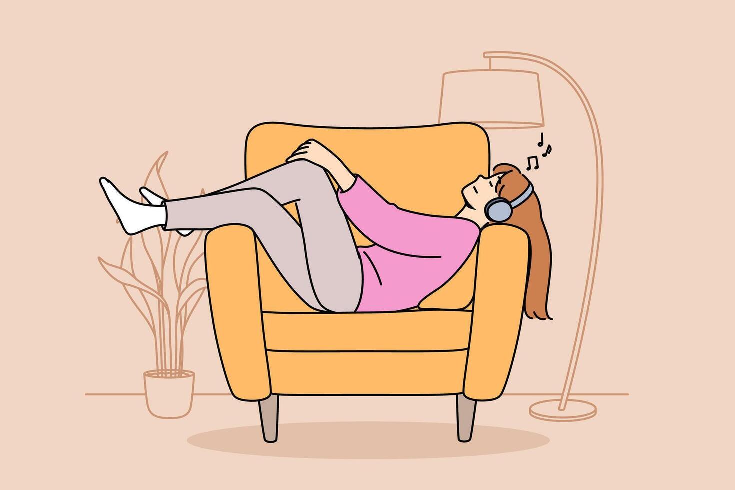 relaxado mulher vestindo fones de ouvido mentiras em sofá ouvindo para música e relaxante depois de Difícil dia às trabalhos vetor