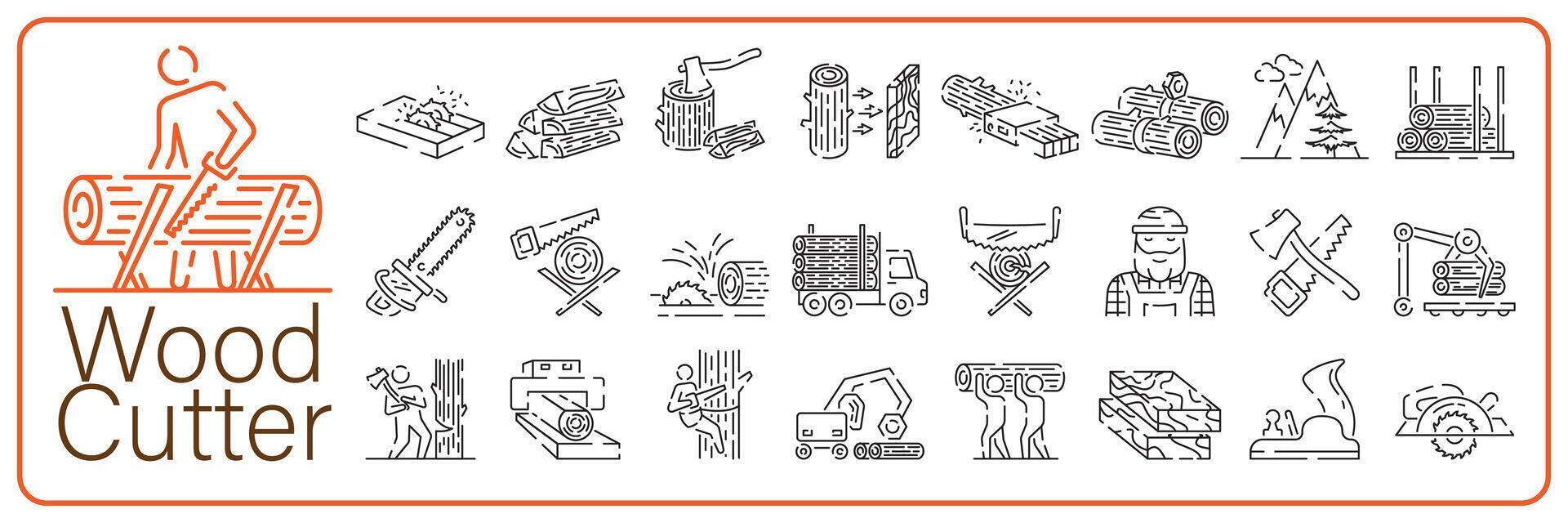 lenhador linha ícone definir. exploração madeireira, serraria linha ícone dentro círculos, exploração madeireira caminhão, árvore colheitadeira, madeira, lenhador, madeira e madeira. vetor ilustração.