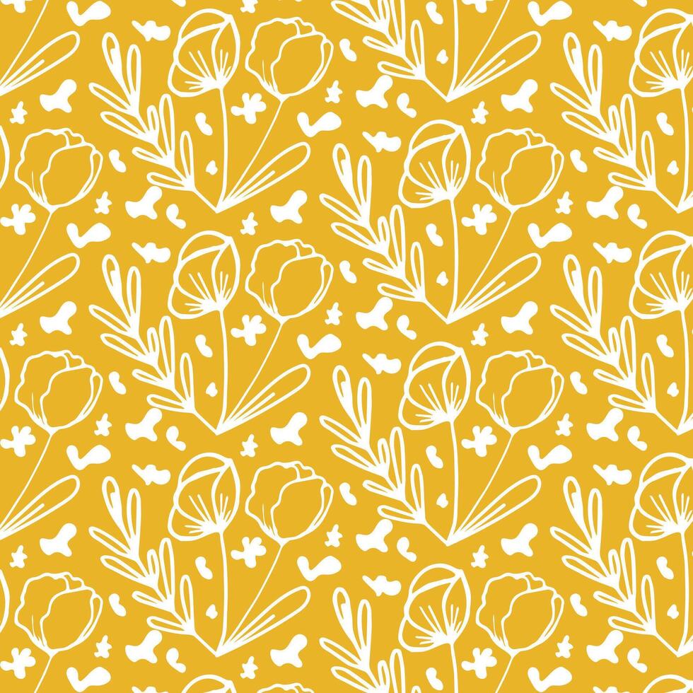 floral fundo branco rabisco flores em amarelo fundo. vetor