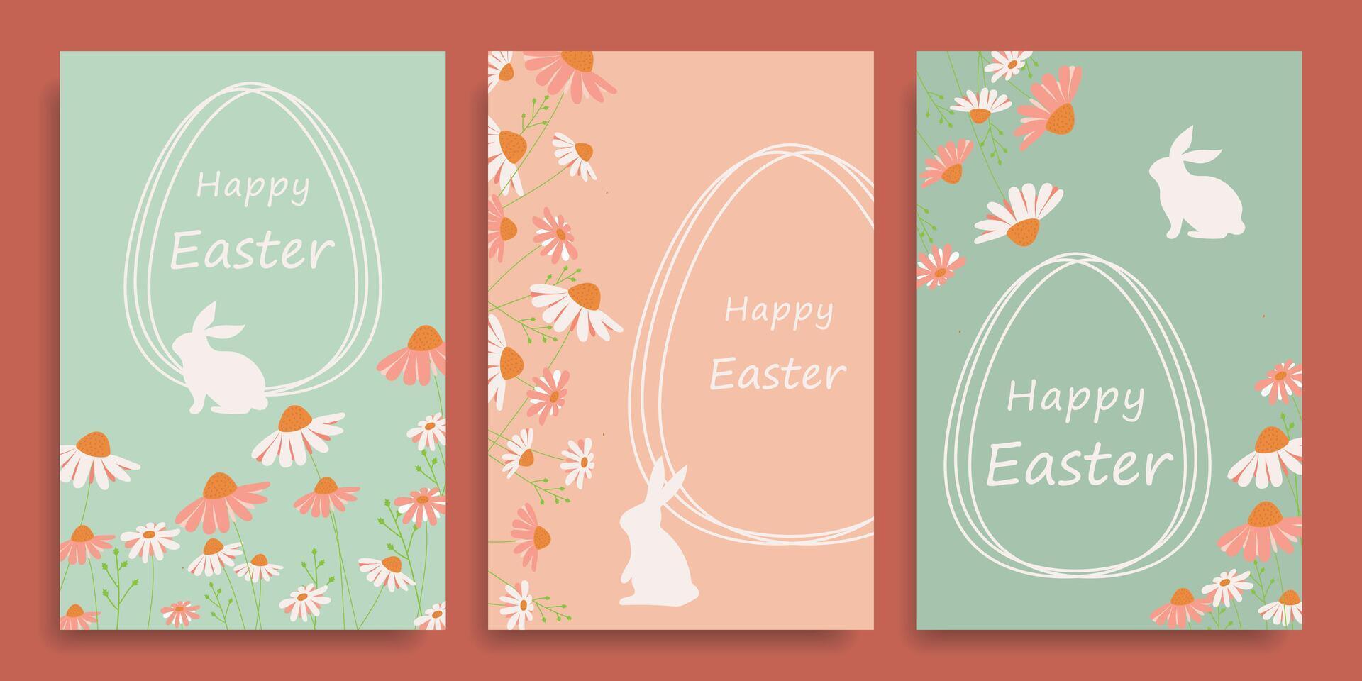 conjunto do cartões para a Páscoa feriado. coleção do cartões com Páscoa ovos, margaridas e coelhinhos. vetor